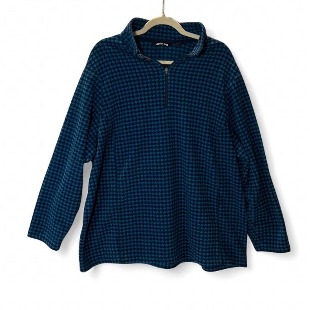 Houndstooth Lands' End Fleece Quarter Zip Pullover - Blue & Black